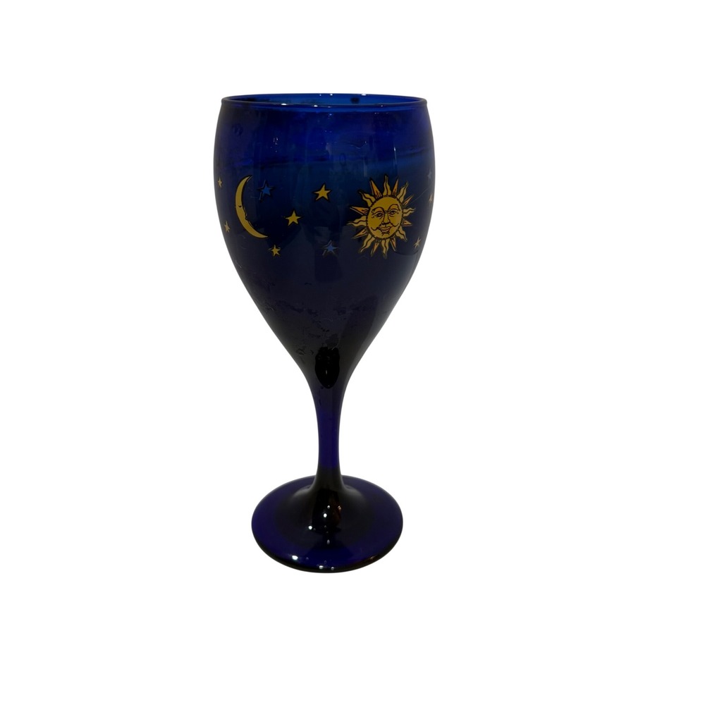 Vintage Cobalt Blue Celestial Wine Glass Sun Moon Stars Whimsy Goth Candle Y2K